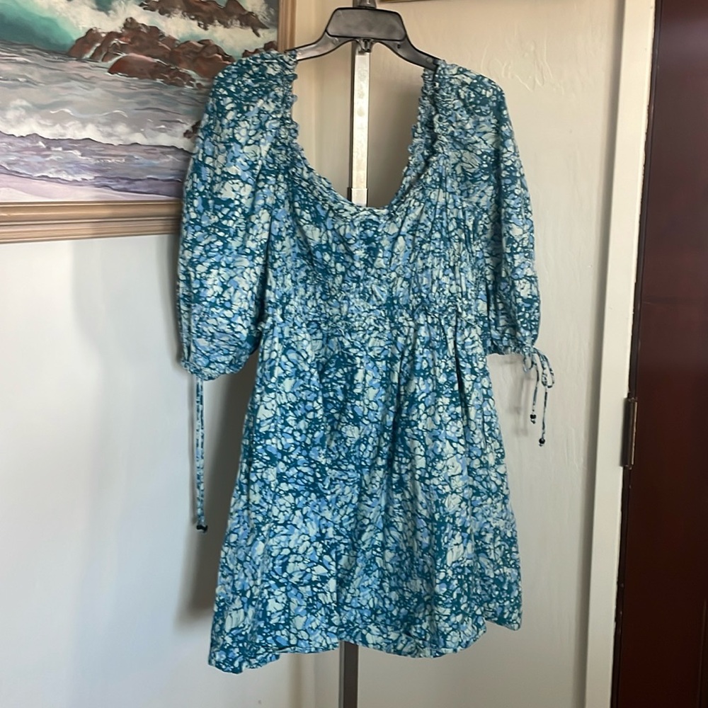 House of Harlow 1960 Blue Teal Floral Puff-Sleeve Mini Dress